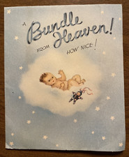 Vintage 1940s New Baby Newborn Congratulations Greeting Card Heaven Clouds P4d