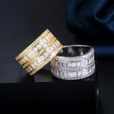 18k Yellow Gold Plated CZ Crystal Bridal Wide Circle Wedding Band Promise Ring