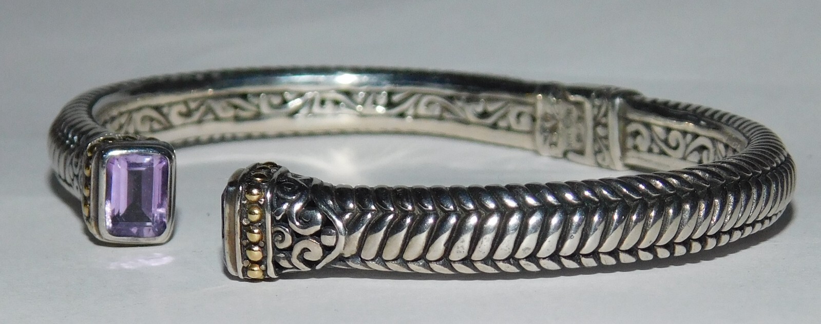 Samuel Benham BJC Sterling Silver 18k Gold Amethyst Cable Hinged Cuff