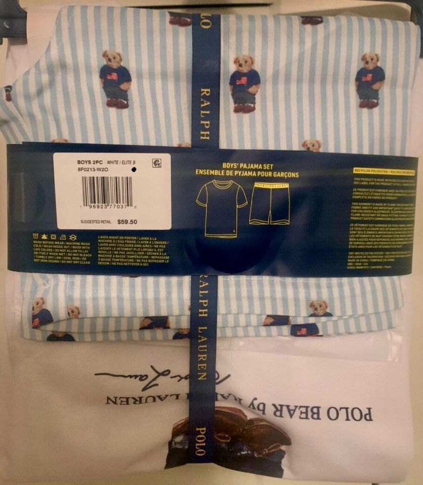 Kids / Boys Ralph Lauren Polo Bear Pajama Set Shorts White Blue Sizes 5, 6 & 7 - Image 4 of 4