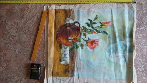 Dipinto olio originale d'epoca cultura ucraina dolore due rose in vaso 20х16in - Foto 10 di 12