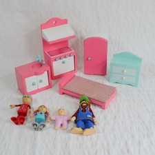 Early Learning Centre Rosebud Wooden Dolls House Furniture + Dolls x9