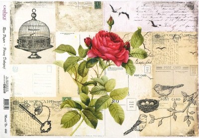 Cadence A4 Reispapier Botanical Red Rose Vogelkäfig Postkarte Decoupage Papier Nr446