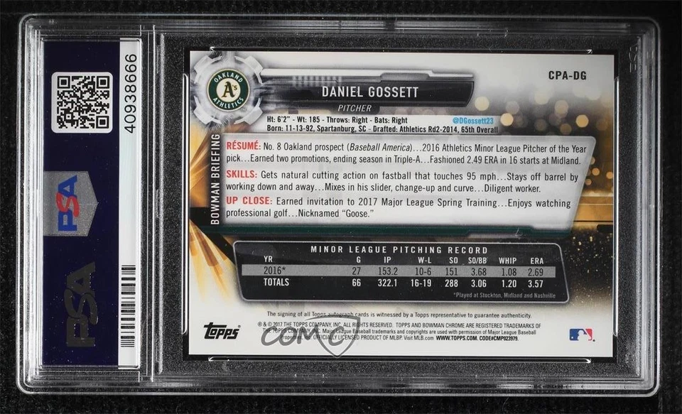 2017 Bowman Chrome Prospect Auto Daniel Gossett #CPA-DG PSA 9 MINT Auto - Image 2 of 2