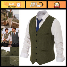 Men's Vintage Herringbone Tweed Suit Vest Wool Blend Waistcoat - Classic Style