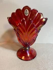 Fenton Ruby Red Stretch Iridescent Carnival 8" Plume Fan Vase #5956RL/Signed