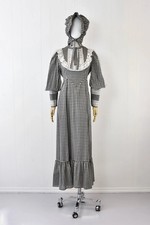 Vintage 1970s Prairie Style Black White Gingham Plaid Maxi Dress Matching Bonnet