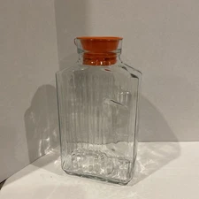 VTG Anchor Hocking Glass Refrigerator Cold Drink Container Jar Orange Lid ~ USA