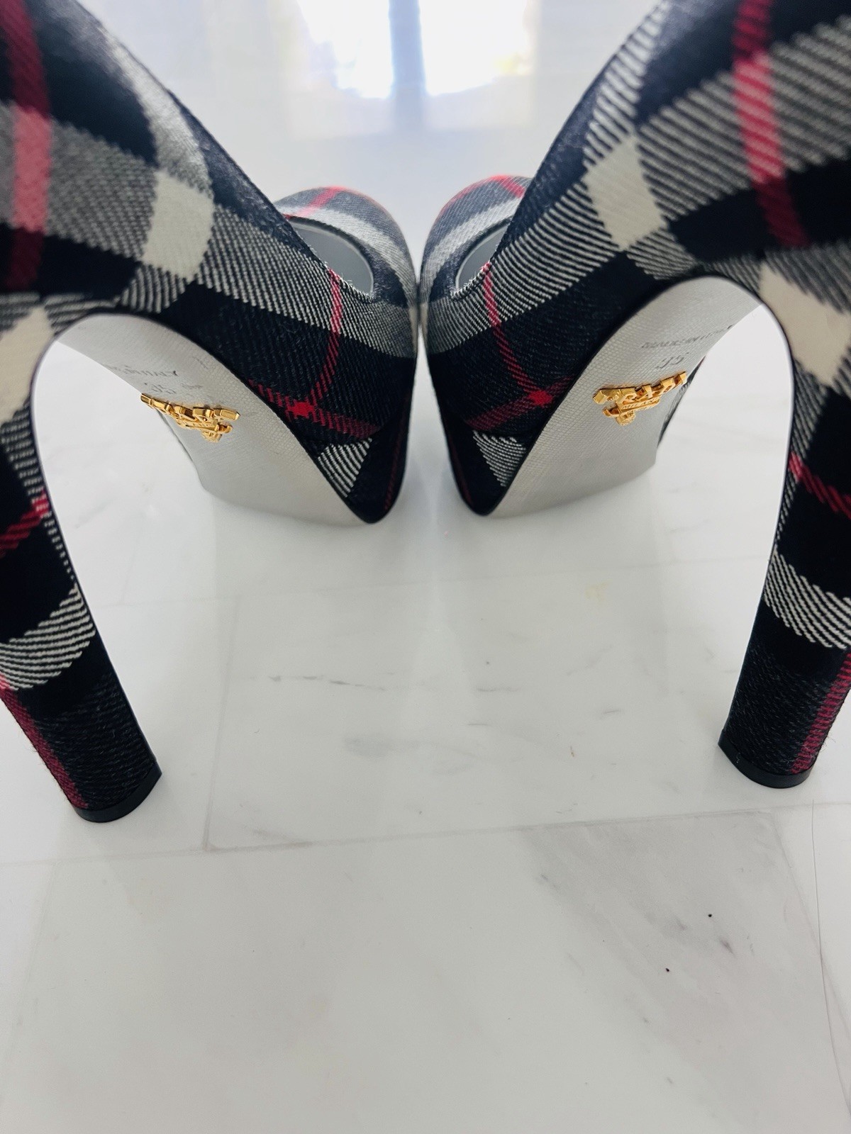 PRADA Plaid Platform Stiletto Heels Black White Red Slip On Closed Toe Women thumbnail 2