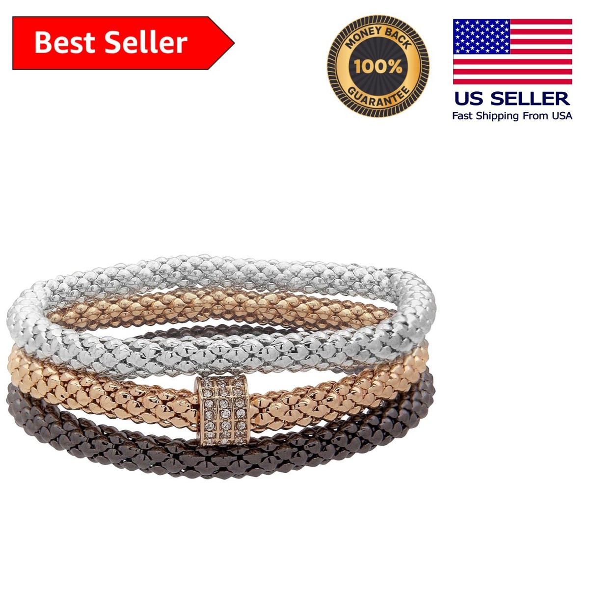 Chic Women's Tri-Tone Stretch Bracelet Set - 3 Stackable Pieces for Every Style