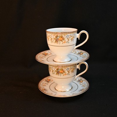 Noritake Ireland 2 Pedestal Cups/Saucers Harvesting 2770 Fruit Flowers 1977-1985