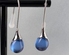 Blue Pear Tear Silver Drop Earrings For Women Glass Look  UK + Bag