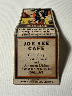 Dallas TX JOE YEE Chop Suey Chinese Food Beer Vtg 1940s Matchbook Restaurant Ad