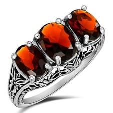 Natural 3 Fire Garnet 925 Solid Sterling Silver Filigree Ring Sz 6 ZF-1