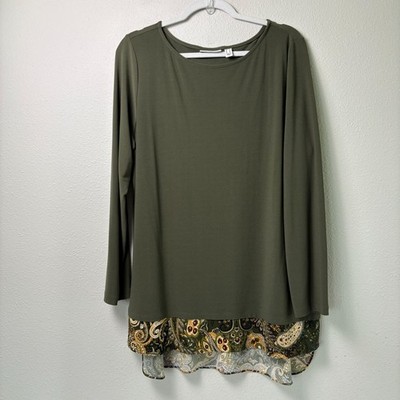 Susan Graver Textured Liquid Knit Tunic Top Size L Green Paisley Trim A282078
