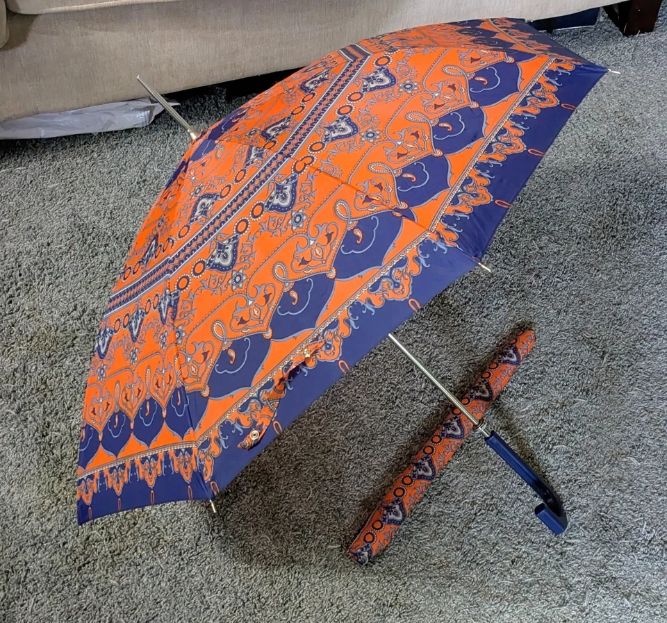 Beautiful Vintage Orange And Blue Umbrella Nylon Made Japan Bakelite Handle USA - Image 2 of 4