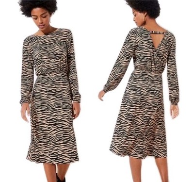 Loft Safari Midi Dress 1X/18 Brown Black Zebra Striped V-Neck Bar Back L/S Nwt