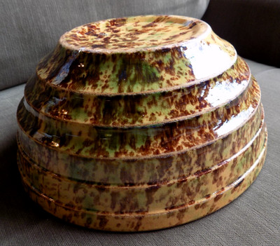 Vintage Morton Ribbed Pottery Splatter Ware Woodland Mixing Bowl Green Brown 9''