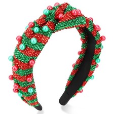 Christmas Headband Red Green Pearl Glitter Festive Knotted Holiday Headpiece