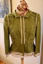 Alberta Ferretti Olive Cotton Cream/silver Ribbon Trim Jacket Nwt Sz 42