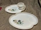 Vintage Federal Atomic Flower Milk Glass Snack Trays Set Of Two And A Cup 1950s