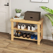 3 Tier Solid Bamboo Shoe Rack Bench Slatted Stand Entryway Bench Organizer