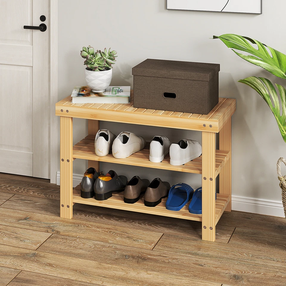 3 Tier Bamboo Shoe Rack Bench Storag Organizer Entryway Hallway Bench Seat Shelf - Image 2 of 4