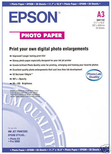 PAPIER EPSON BRILLANT GLOSSY A3 20 feuilles 194g S041142 +CADEAUX/ photo pas mat
