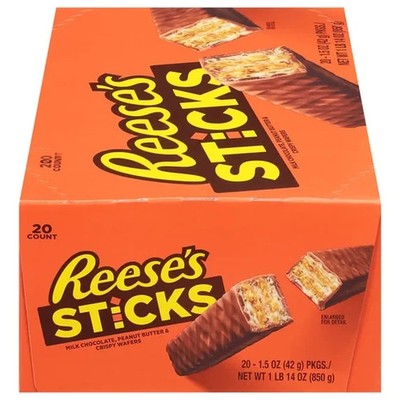 Reese s Sticks Chocolate Peanut Butter Wafer Bars 20 Count Box 1.5 oz Each