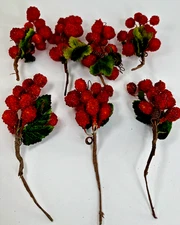 7 Vintage Red Berries Floral Picks Large Beaded Artificial Crafts Wreaths 8"
