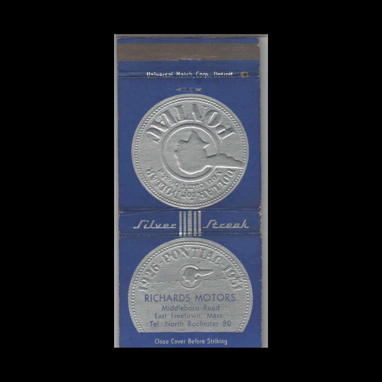 Matchbook Cover - 1951 Pontiac Dealer - Richards Motors East Freetown, MA