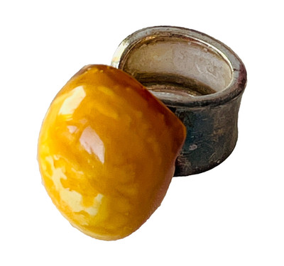 Vintage 28 mm Egg Yolk Natural Baltic Amber Sterling Silver Ring Size 5-3/4 or 6