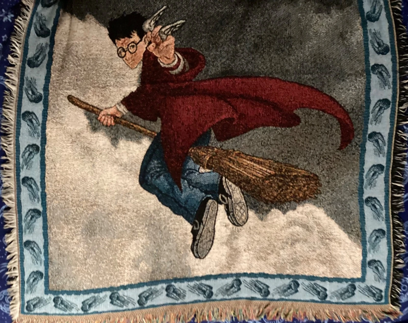 Vintage Harry Potter Throw Blanket Quidditch Hand Woven Fringed Warner Bros 2000
