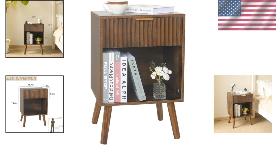 Mesita de noche moderna con cajón y almacenamiento mesita de noche rústica de madera marrón Foto 2 de 4