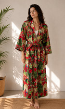 Women s Cotton Kimono Robe Tropical Floral Print Long Dressing Gown Boho Lounge
