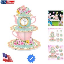 3 Tier Floral Tea Party Cupcake Stand Decorations Spring Vintage Teapot Cupca...