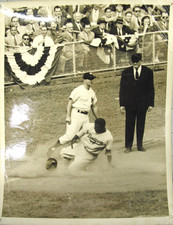 vtg baseball press photo- original 1950s Jackie Robinson 1955 World Series slide