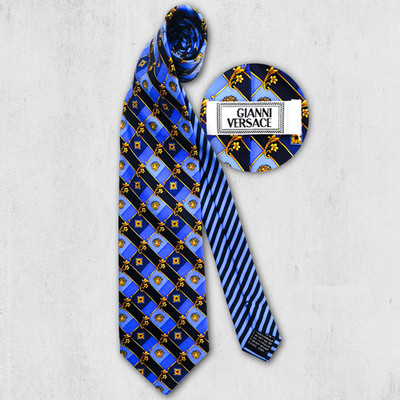 GIANNI VERSACE Vintage Seiden Krawatte Medusa Blau Gold Barock Silk Tie Italy 10