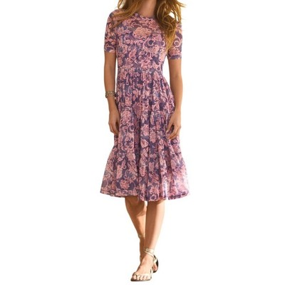 JOHNNY WAS Floral Midi Dress Purple Florentina Sz Large Mesh Tiered A Line Boho