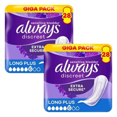Always Discreet Long Plus Pads 2 x 28 extra sichere trocken empfindliche Blase Pack 56