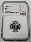 1940 Mercury Dime NGC MS65 GEM ~ 90% Silver 10c US Coin