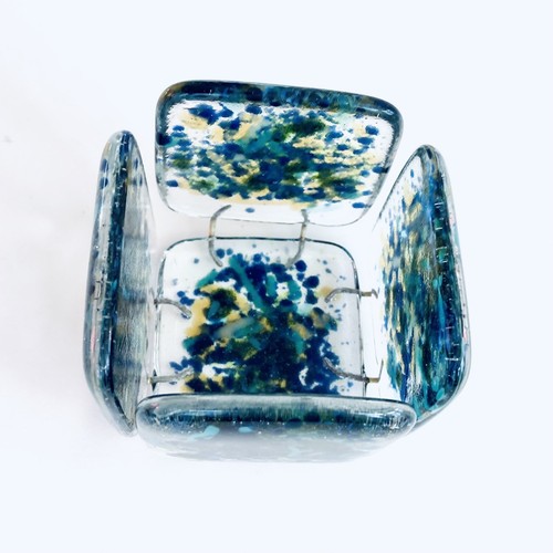 Fused Glass Tea Light Holder 2.5" Cube Blue Green Mid-Century Geometric MCM Art - Picture 3 of 10