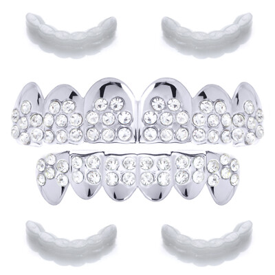 Rapper Silver Tone FULL CZ Mouth Caps TOP Bottom GRILLZ Teeth LS002 S 2 Ex Mold