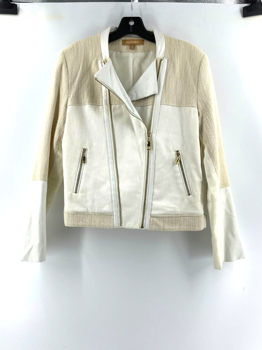 Ellen Tracy Off White Asymmetrical Zip Faux Leather Tweed