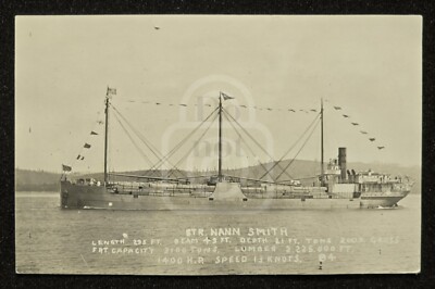 Scarce RPPC Steamer Nann Smith off Oregon Coast. C 1909 Carrying Lumber 