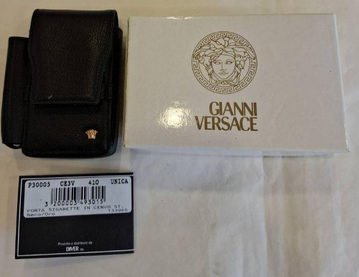 versace cigarette holder Versace cigarette case black leather Medusa gold metal fittings with box