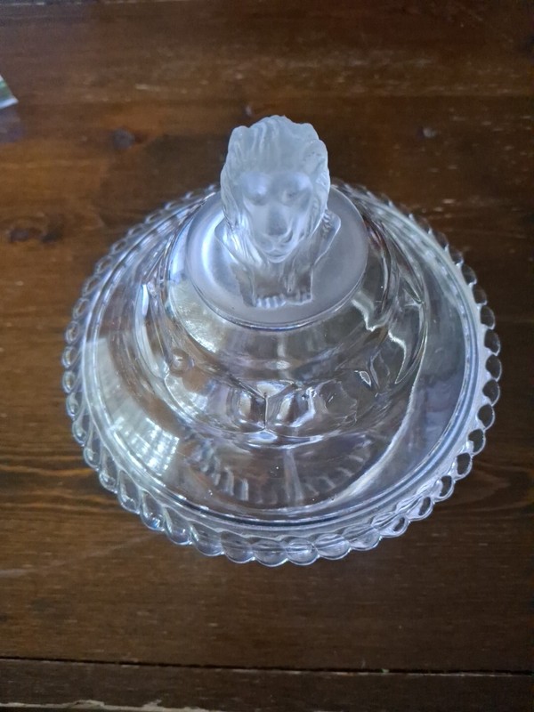 Antique Rare Vtg. Gillinder Frosted Glass Lions Head Bowl & Cover Lid Candy Dish