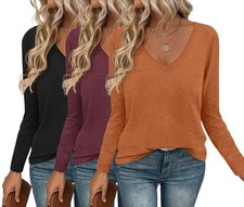 3 Pack Long Sleeve Shirts for Women V Neck T Shirt Fall Casual Tops Basic The...