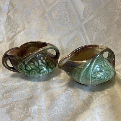 Vintage 1940's McCoy Pottery Sugar & Creamer - Green Brown Daisy Pattern