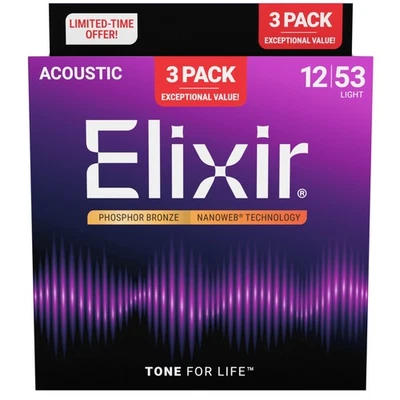 Elixir 16569 Nanoweb Acoustic Ph Bronze 12-53 - 3 Pack - Westerngitarrensaiten